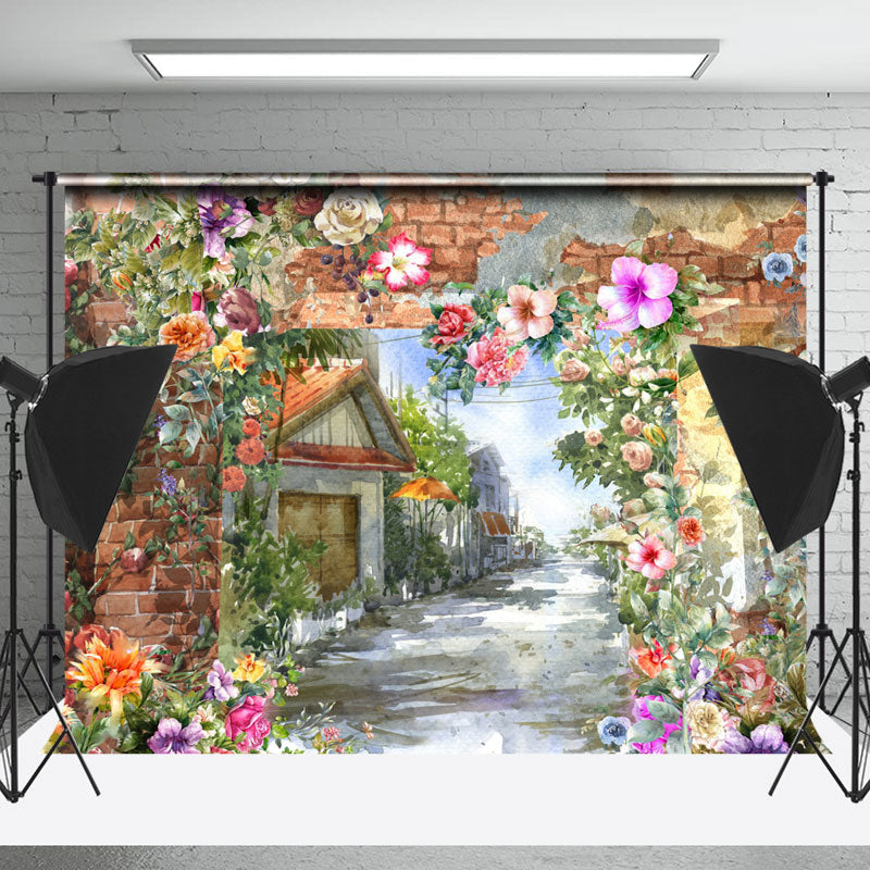 Lofaris Brick Wall Flower Oil Painting Town Street Backdrop