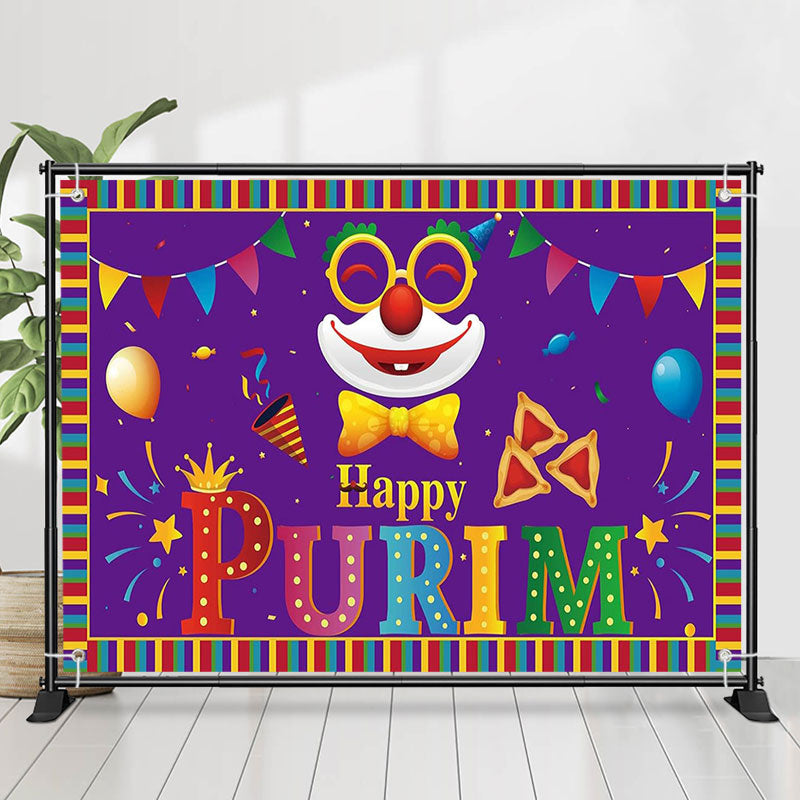 Lofaris Bright Purple Clown Colorful Border Purim Backdrop