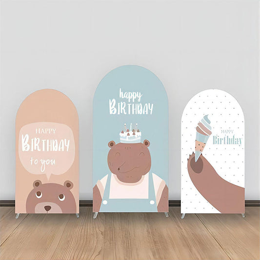 Lofaris Brown Bear Ice Cream Cake Dot Blue Arch Backdrop Kit