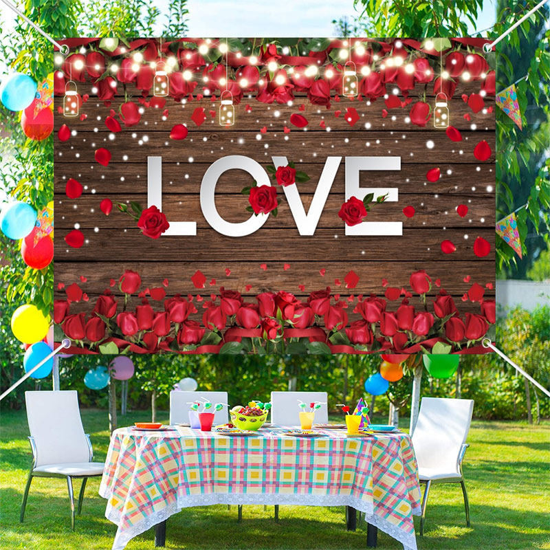 Lofaris Brown Board Red Roses Light Valentines Day Backdrop