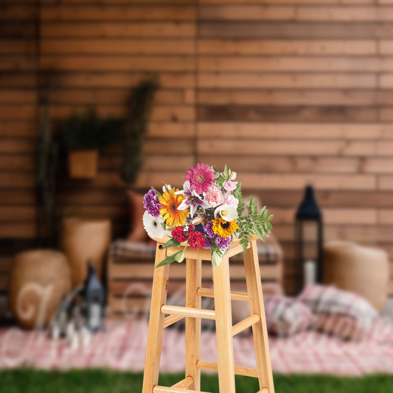 Lofaris Brown Board Wall Plaid Mat Pillows Spring Backdrop