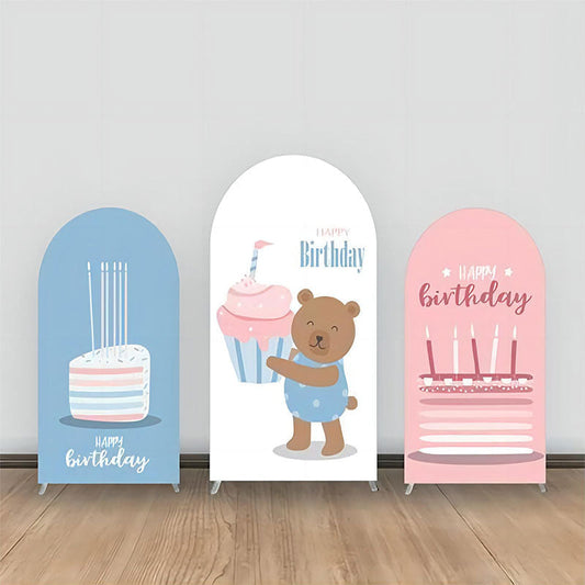 Lofaris Brown Smile Bear Cupcake Pink Blue Arch Backdrop Kit