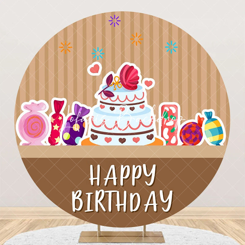 Lofaris Brown Stripe Candyland Cake Round Birthday Backdrop