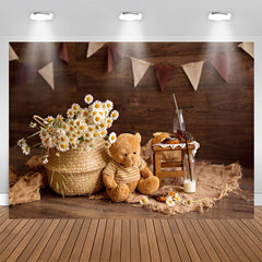 Lofaris Brown Teddy Bear Flowers Wood Birthday Backdrop