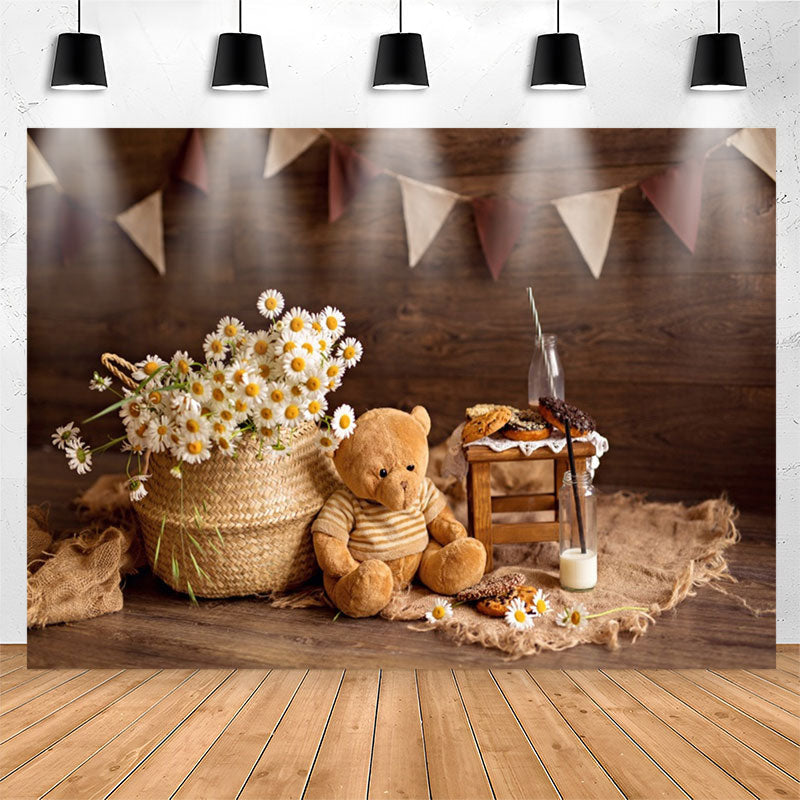Lofaris Brown Teddy Bear Flowers Wood Birthday Backdrop