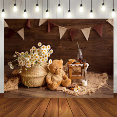 Lofaris Brown Teddy Bear Flowers Wood Birthday Backdrop