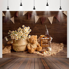 Lofaris Brown Teddy Bear Flowers Wood Birthday Backdrop