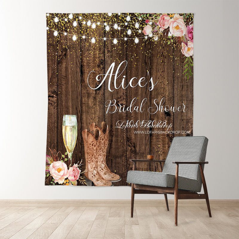 Lofaris Brown Wood Boots And Bubbly Bridal Shower Backdrop