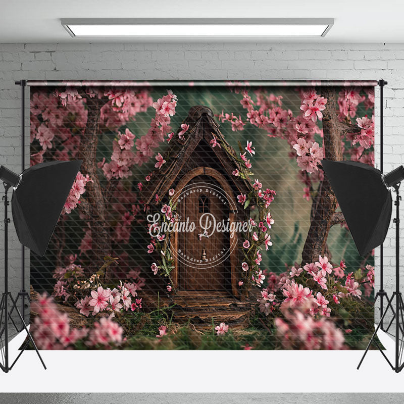 Lofaris Brown Wooden House With Pink Flowers Photo Backdrop