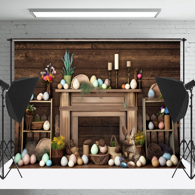 Lofaris Brown Wooden Paschal Eggs Bunny Easter Backdrop