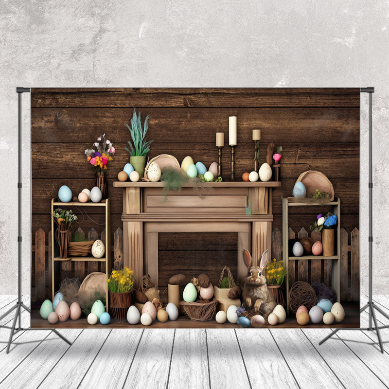 Lofaris Brown Wooden Paschal Eggs Bunny Easter Backdrop