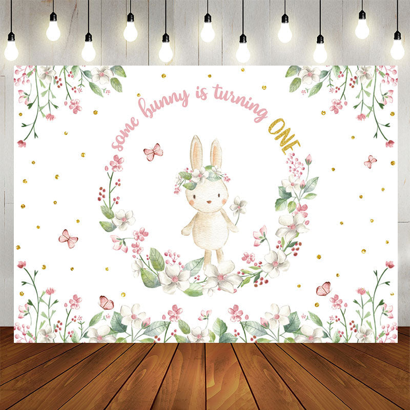 Lofaris Bunny Circle Flowers White 1st Birthday Backdrop