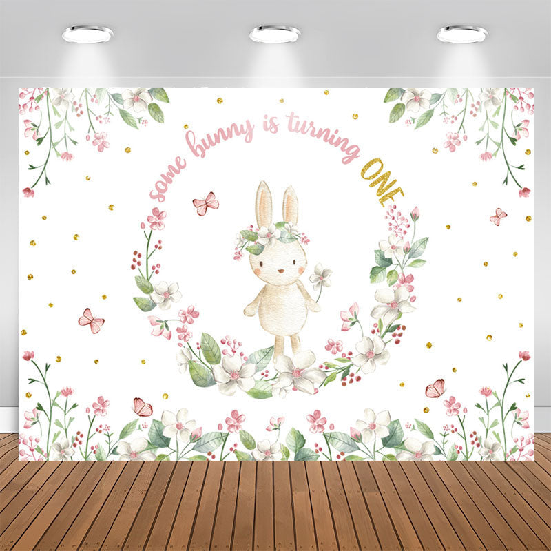 Lofaris Bunny Circle Flowers White 1st Birthday Backdrop
