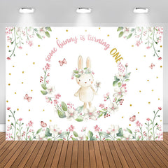 Lofaris Bunny Circle Flowers White 1st Birthday Backdrop