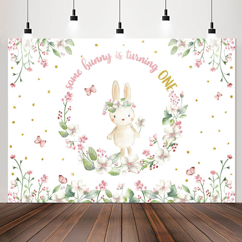 Lofaris Bunny Circle Flowers White 1st Birthday Backdrop