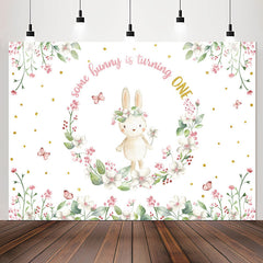 Lofaris Bunny Circle Flowers White 1st Birthday Backdrop