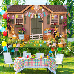 Lofaris Bunny Eggs Floral Wood Farm House Easter Backdrop