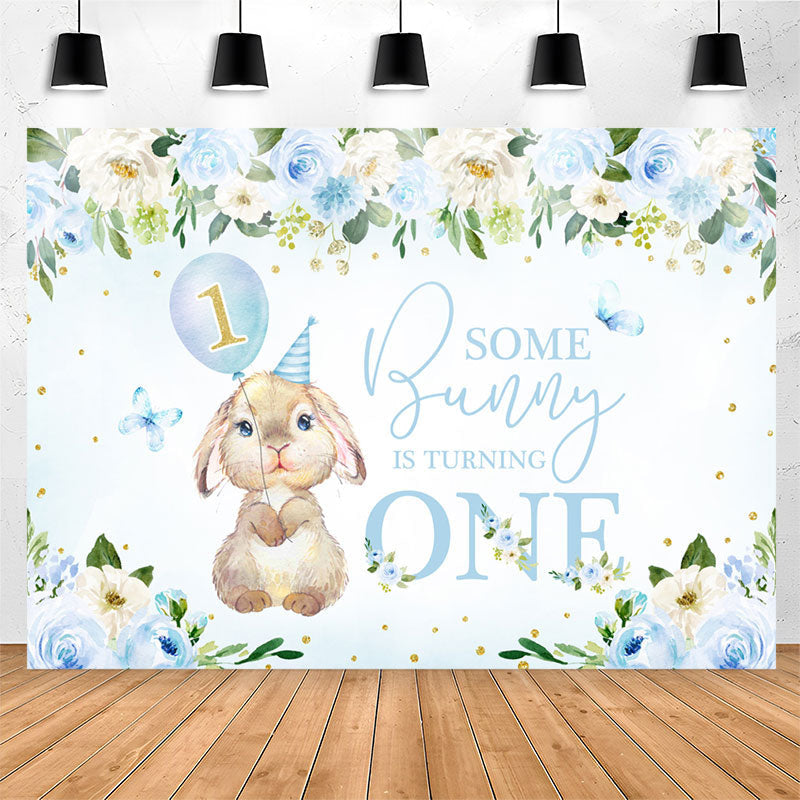 Lofaris Bunny Turning One Blue Floral 1st Birthday Backdrop