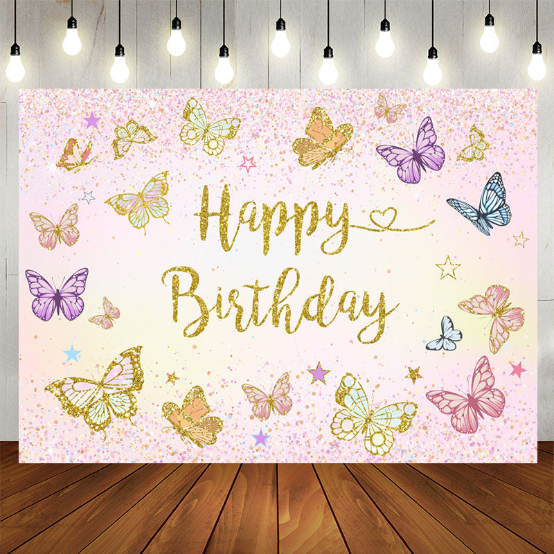 Lofaris Butterflies Glitter Pink Happy Birthday Backdrop