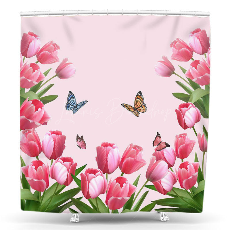 Lofaris Butterfly Pink Tulip Leaves Spring Shower Curtain