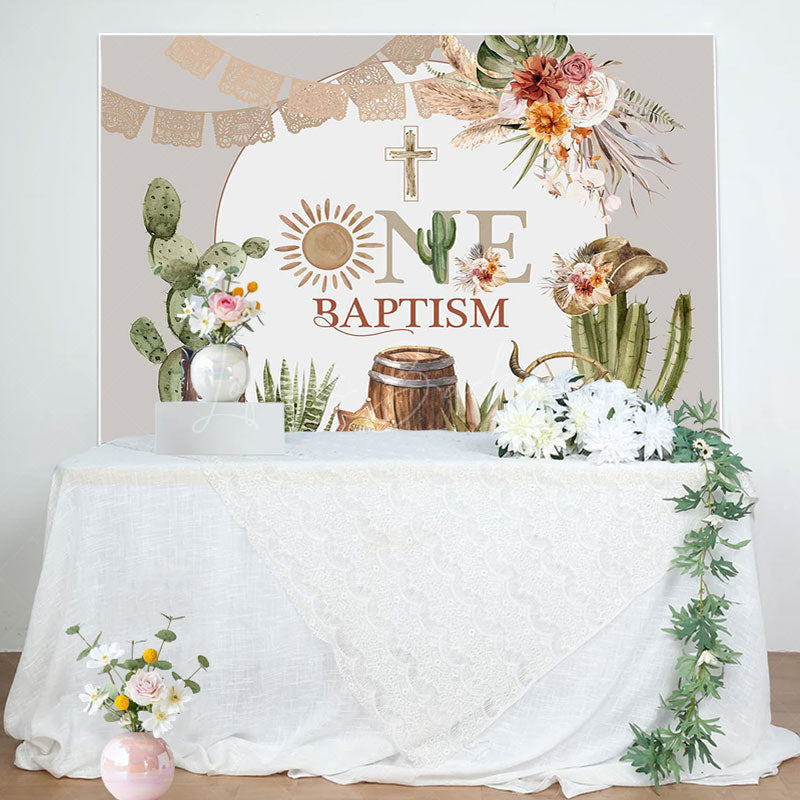 Lofaris Cactus Flowers Cross Cowboy One Baptism Backdrop