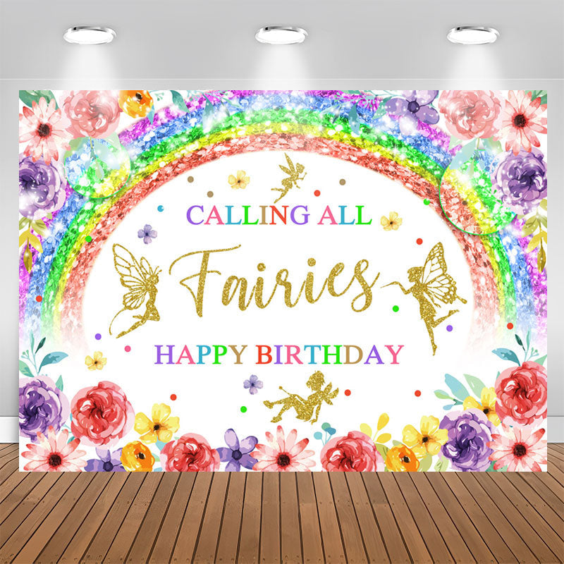 Lofaris Calling All Fairies Rainbow Floral Birthday Backdrop