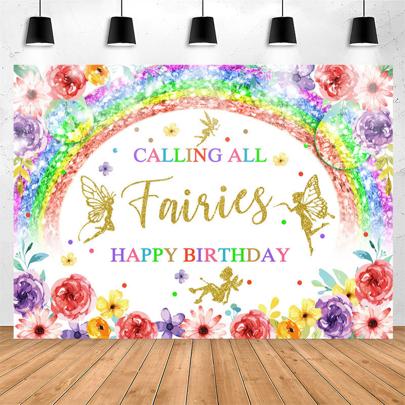 Lofaris Calling All Fairies Rainbow Floral Birthday Backdrop