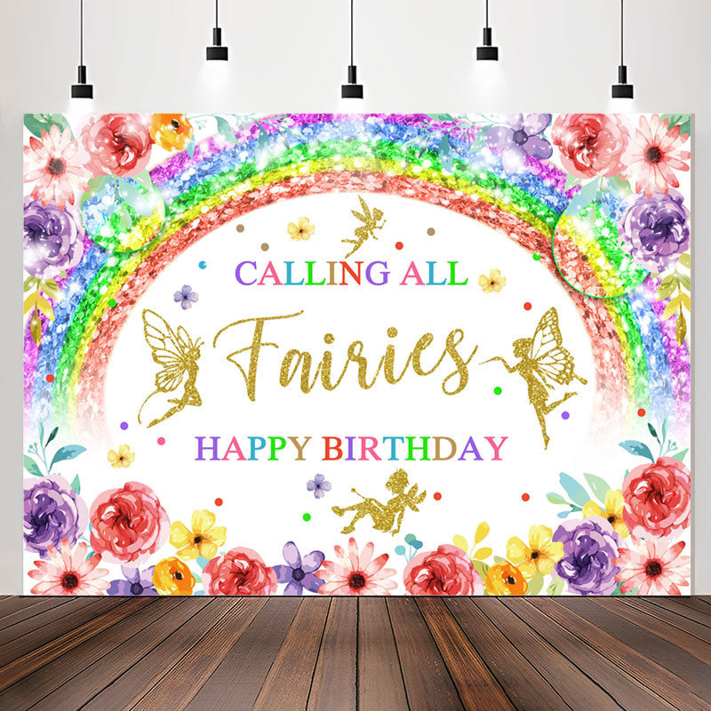 Lofaris Calling All Fairies Rainbow Floral Birthday Backdrop