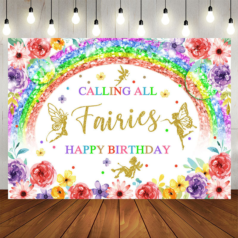 Lofaris Calling All Fairies Rainbow Floral Birthday Backdrop