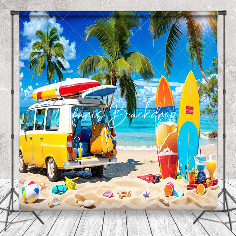 Lofaris Camping Seaside Bus Blue Sky Surfboard Summer Backdrop