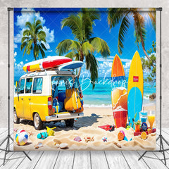Lofaris Camping Seaside Bus Blue Sky Surfboard Summer Backdrop