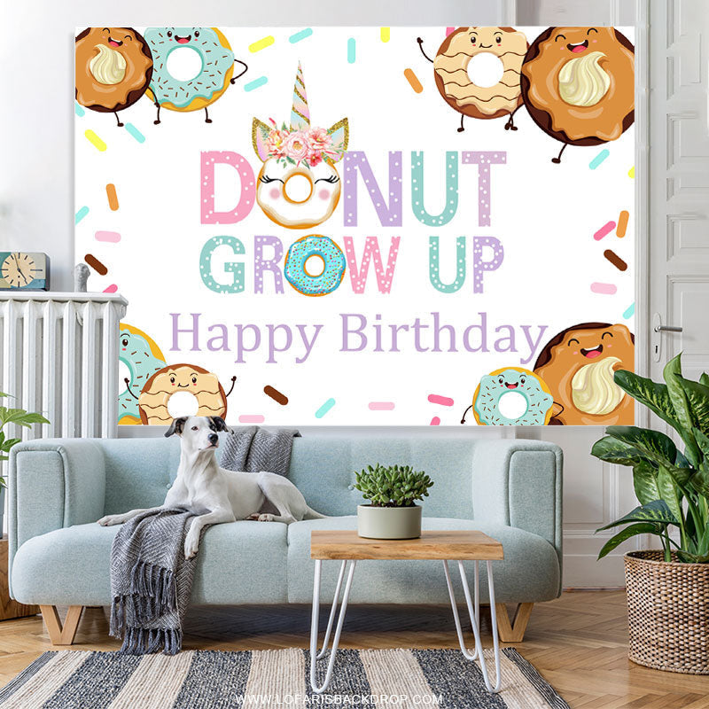 Lofaris Candy Land Donut Grow Up Theme Happy Birthday Backdrop