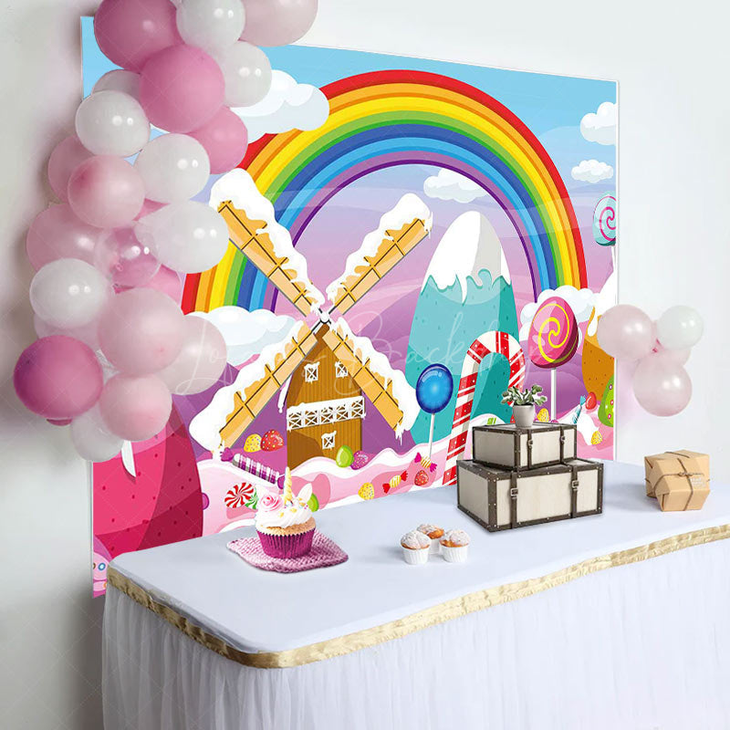 Lofaris Candyland Rainbow Clouds House Birthday Backdrop
