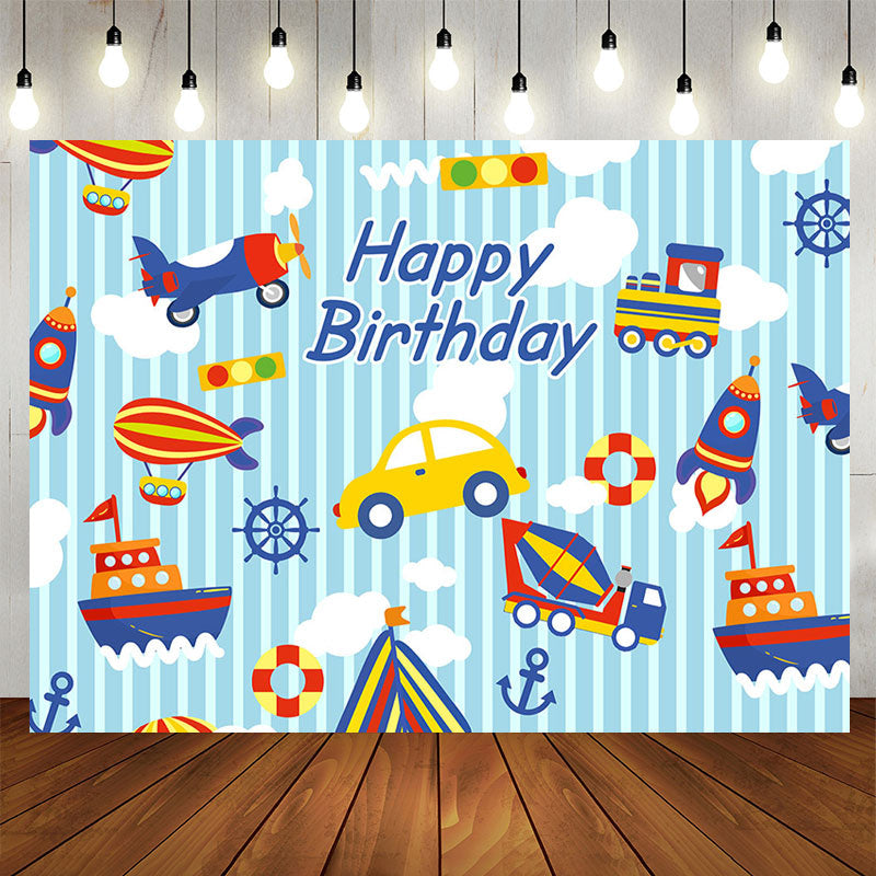 Lofaris Car Plane Ship Happy Birthday Backdrop For Boys