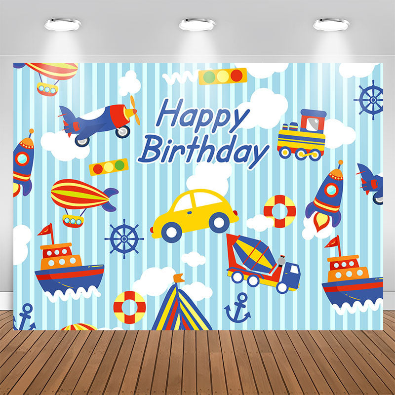 Lofaris Car Plane Ship Happy Birthday Backdrop For Boys