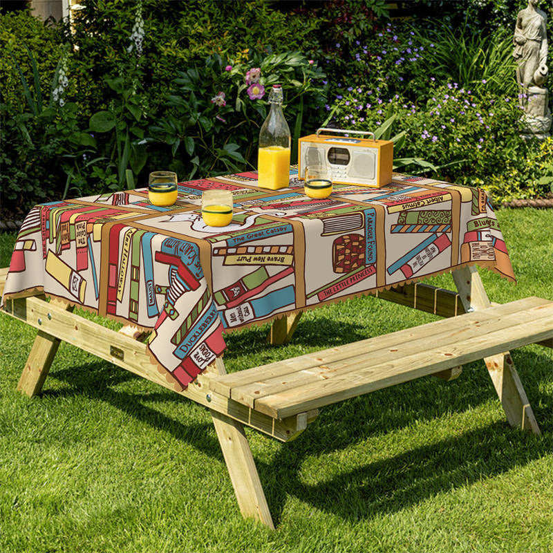 Lofaris Caricature Style Cats And Bookshelf Kitchen Tablecloth