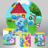 Lofaris Cartoon Blue Dog Green Field Round Party Backdrop Kit