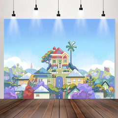 Lofaris Cartoon Blue Sky Harmonious Town Birthday Backdrop