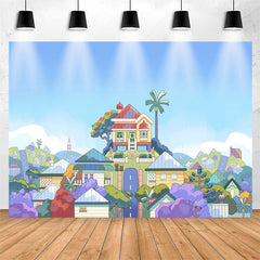Lofaris Cartoon Blue Sky Harmonious Town Birthday Backdrop