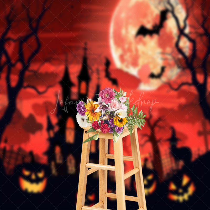 Lofaris Cartoon Castle Moon Red Sky Pumpkin Halloween Backdrop