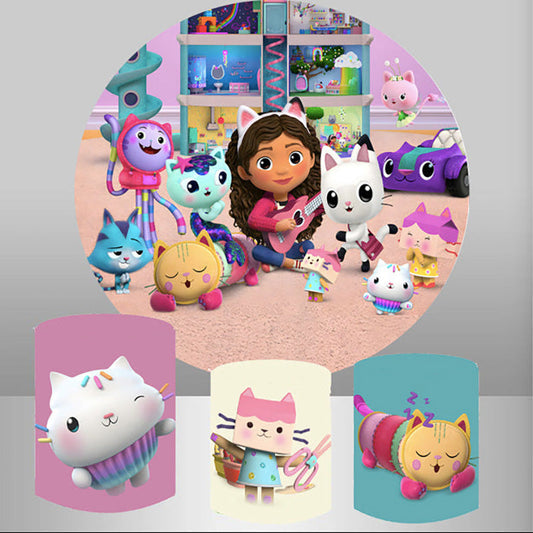 Lofaris Cartoon Cats Girl Guitar Round Party Backdrop Kit