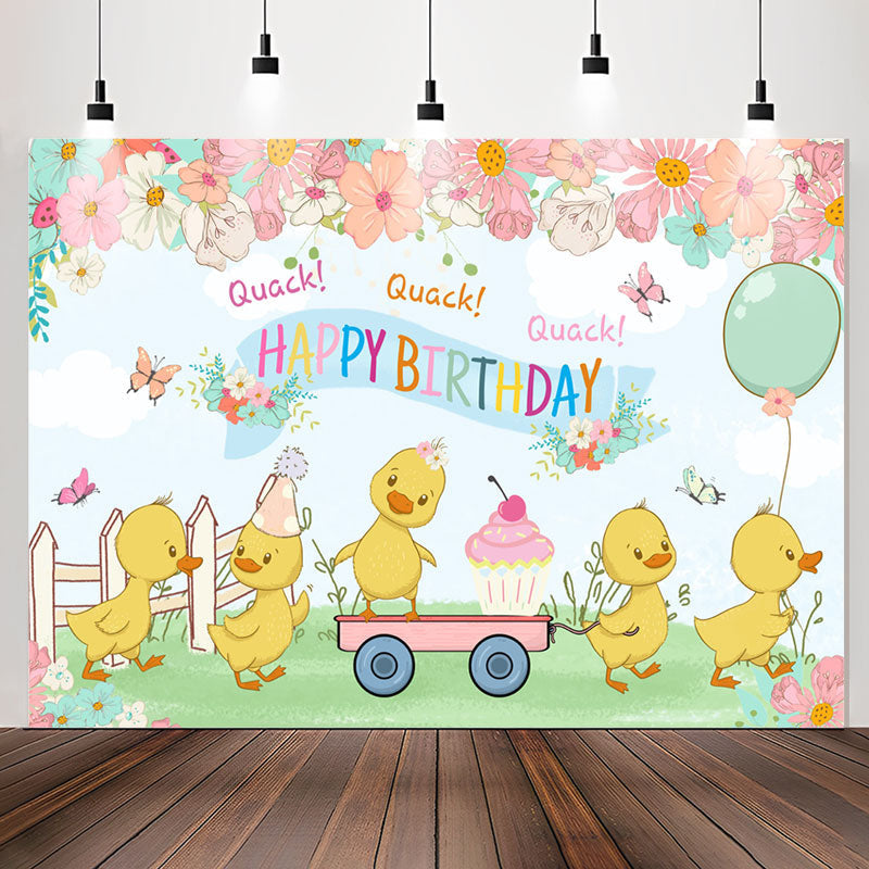 Lofaris Cartoon Floral Yellow Duck Happy Birthday Backdrop