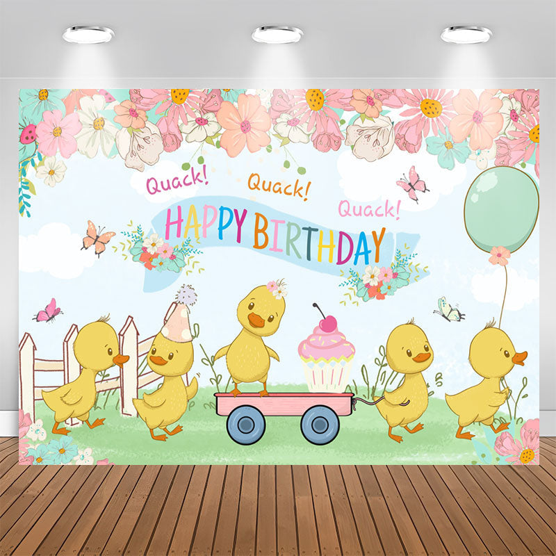 Lofaris Cartoon Floral Yellow Duck Happy Birthday Backdrop