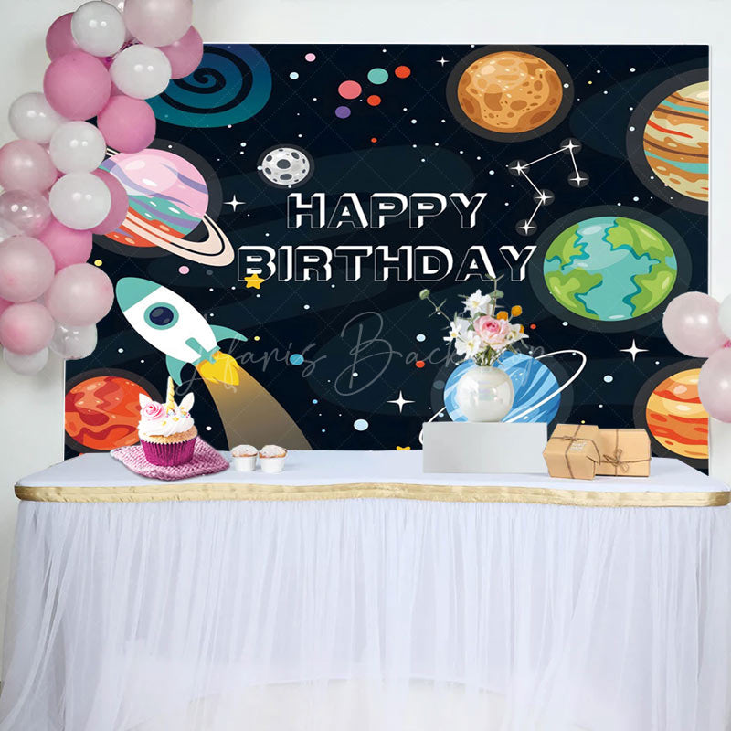 Lofaris Cartoon Planet Rocket Space Boy Birthday Backdrop