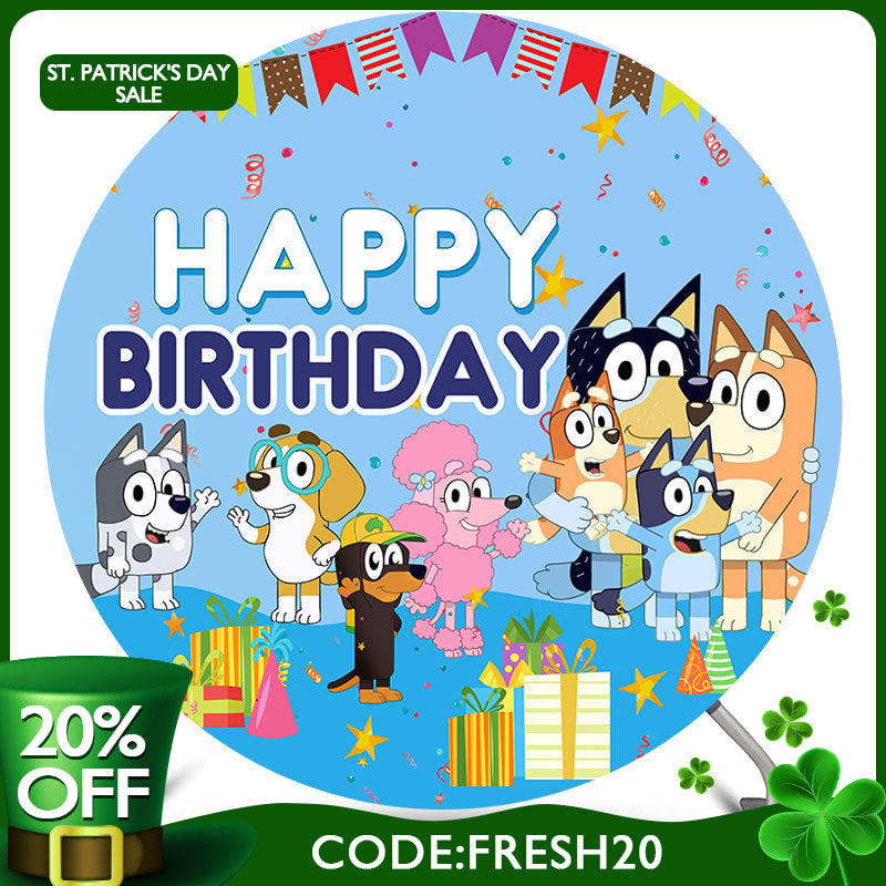Lofaris (Ship In 24HR) Cartoon Sheepdog Blue Happy Birthday Round Backdrop