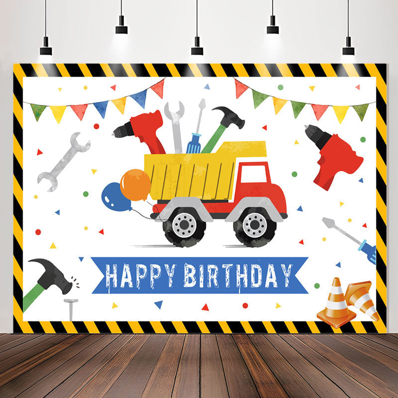 Lofaris Cartoon Truck Tool White Happy Birthday Backdrop
