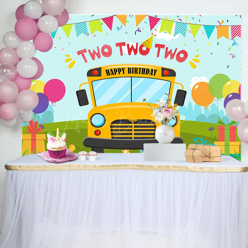 Lofaris Cartoon Yellow Bus Balloon Gift 2nd Birthday Backdrop