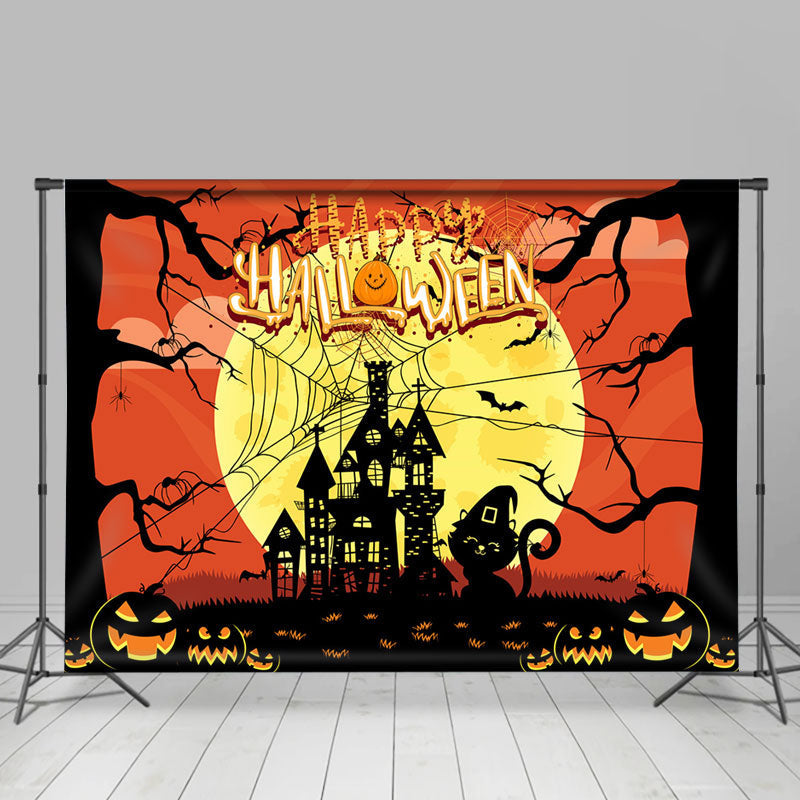 Lofaris Castle Cat Pumpkin Yellow Moon Halloween Backdrop