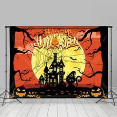 Lofaris Castle Cat Pumpkin Yellow Moon Halloween Backdrop