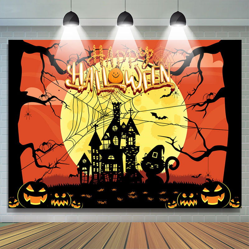 Lofaris Castle Cat Pumpkin Yellow Moon Halloween Backdrop